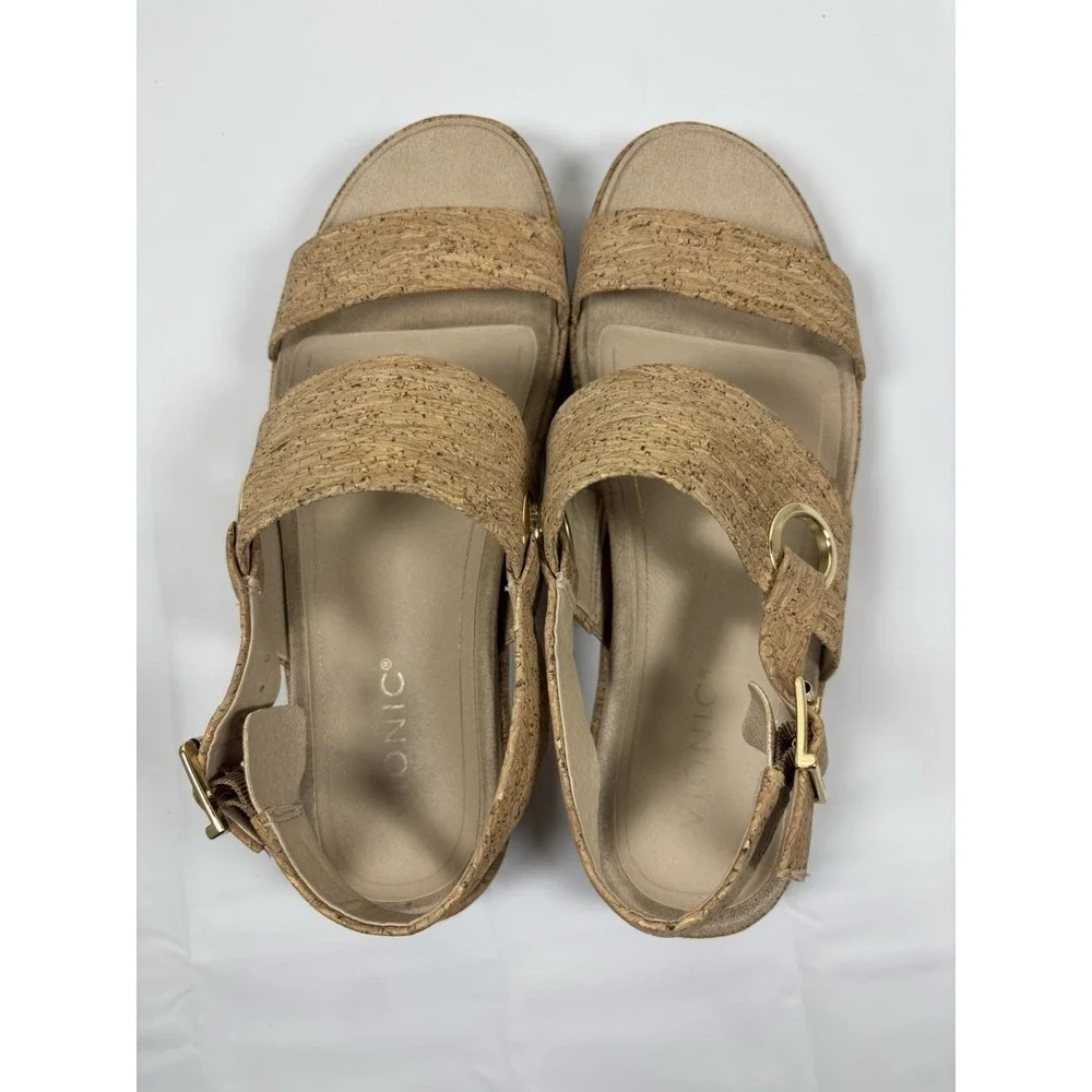 Vionic Womens 8.5 Louise Cork Raffia Leather Ankle Strap Platform Sandals Festiv